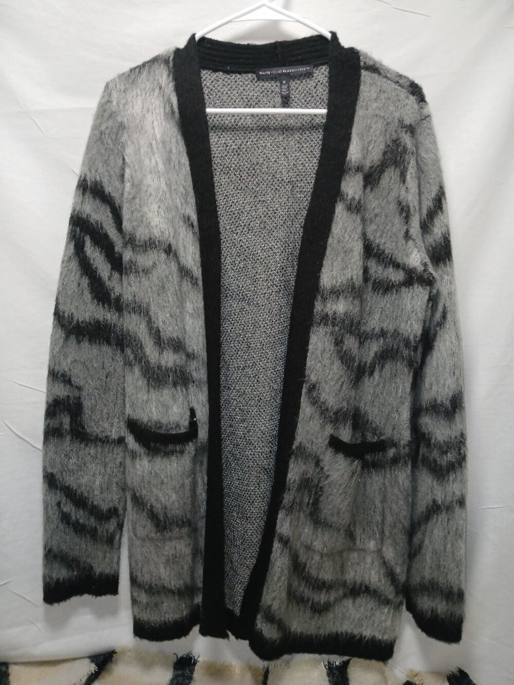White House Black Market Fuzzy Tiger Stripe Open Front Cardigan Gray/Black